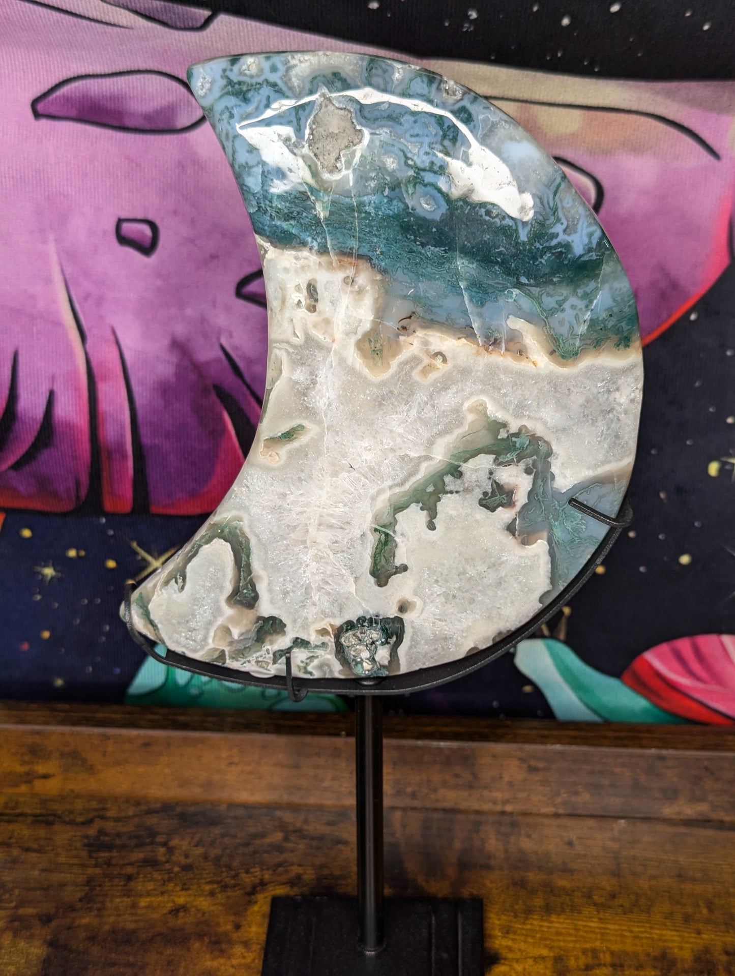 Moss Agate Moon Carving with stand