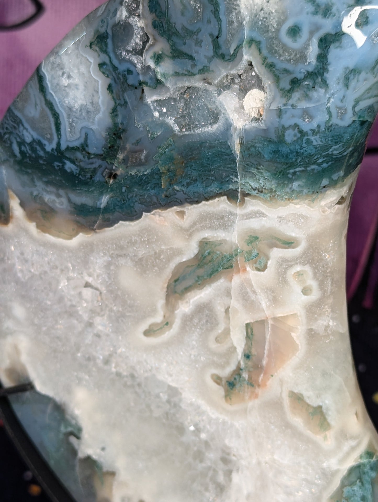 Moss Agate Moon Carving with stand